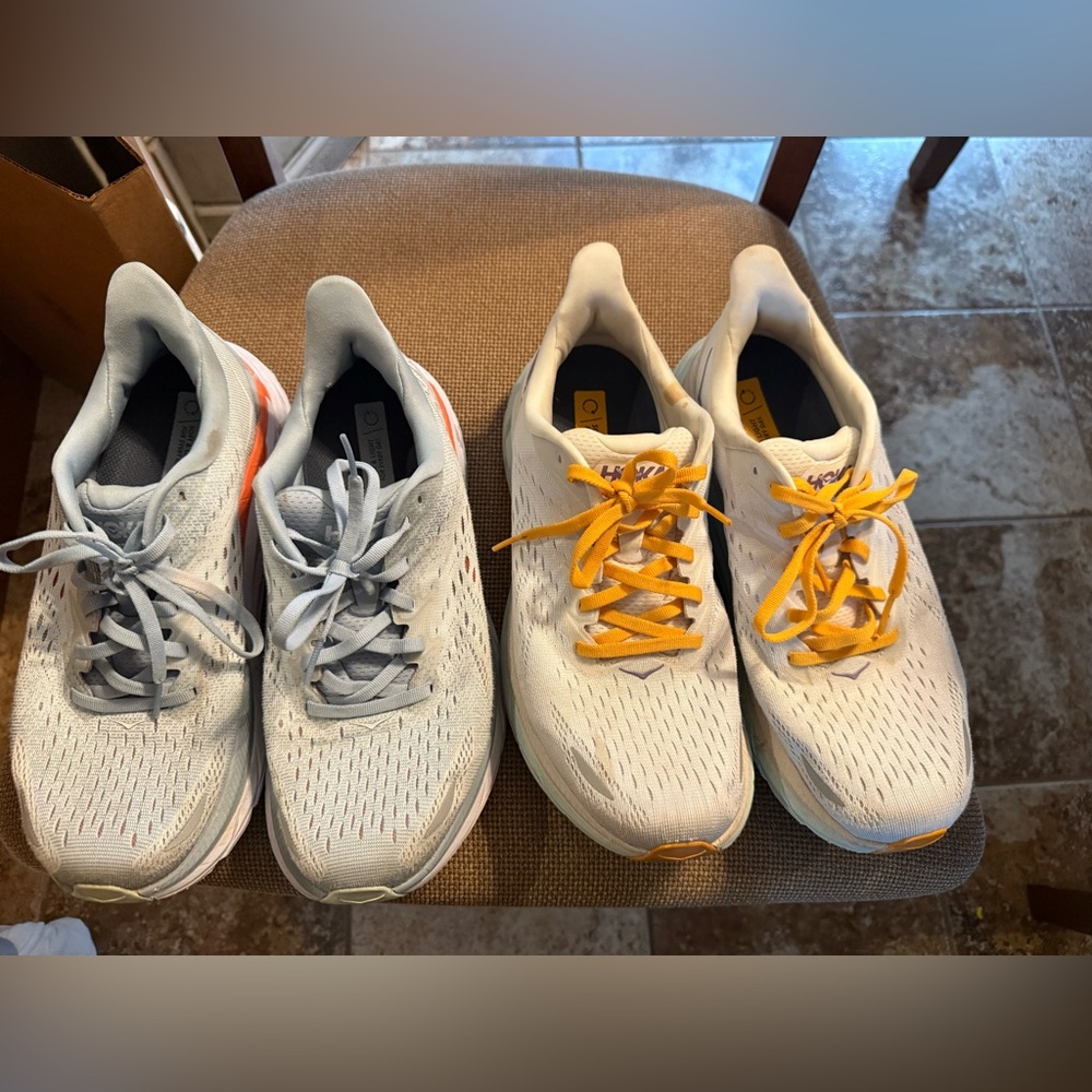 Two Pairs. HOKA Clifton 8 Sz 9 B Fair to good condition. Please look at pics.